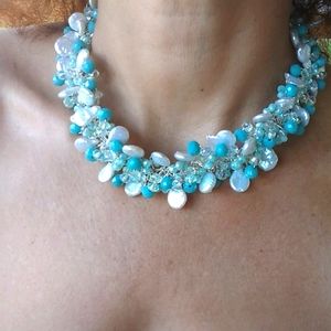 Handmade Freshwater Pearl/Aqua/AB crystal NECKLACE